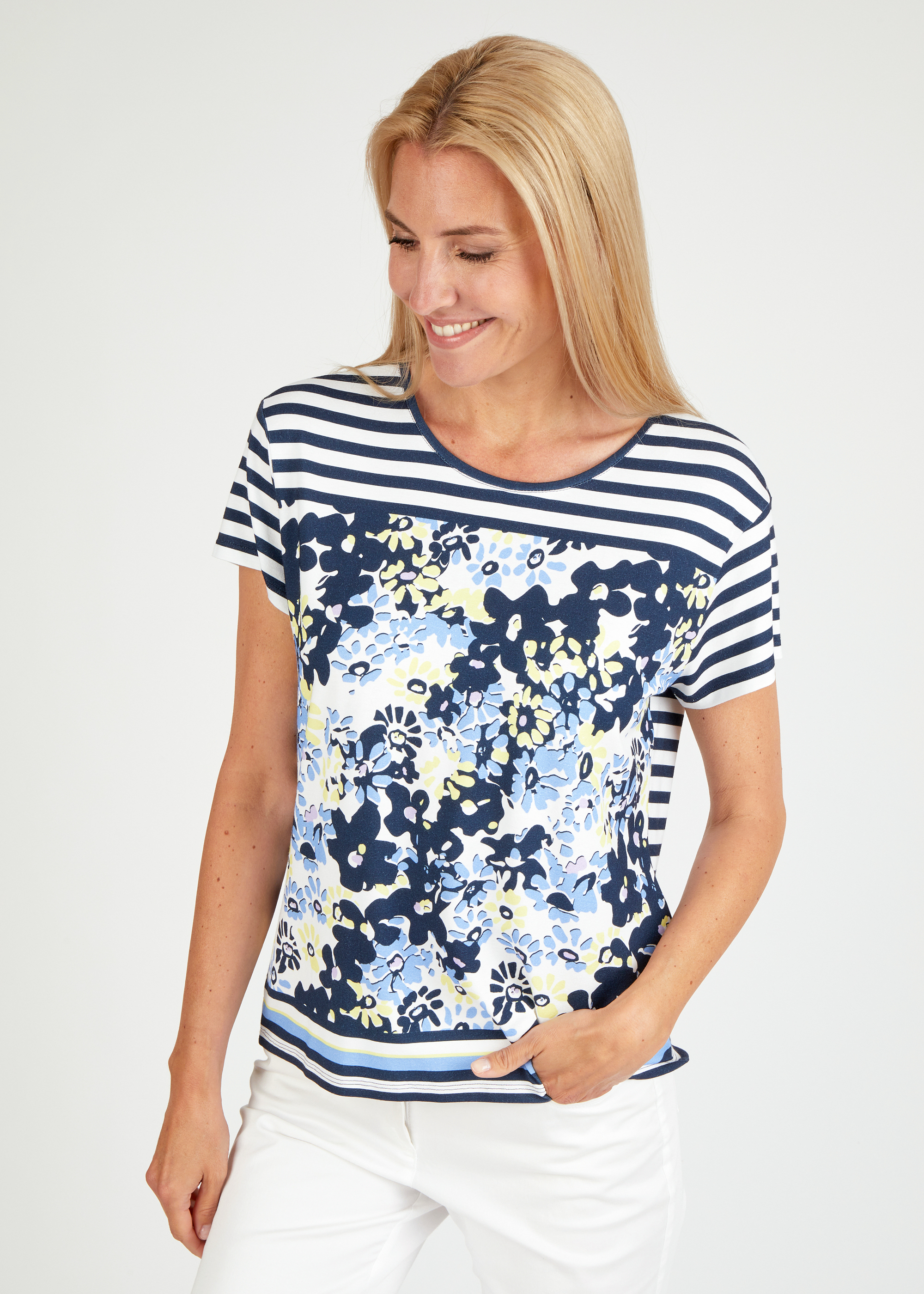 Gestreiftes T-Shirt mit Flower-Print
